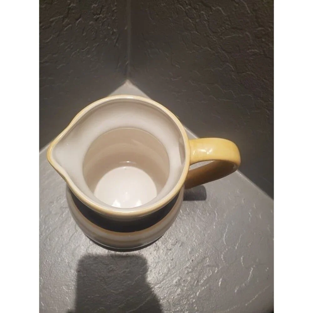 Crate & Barrel Yellowish Tan, Navy Blue and White Striped Rugby Pitcher 7.5
